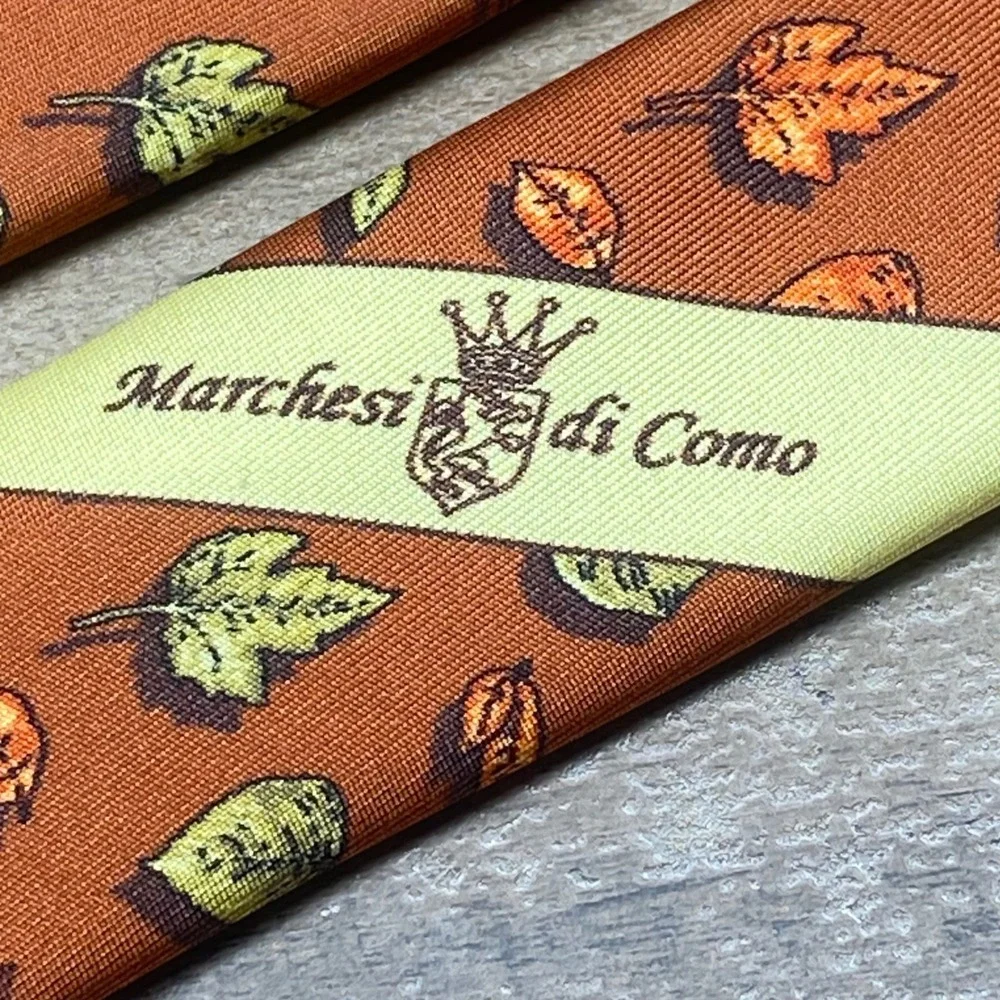 Marchesi di Como Men Burnt Orange Silk Autumn Leaf Print Tie Made in Italy